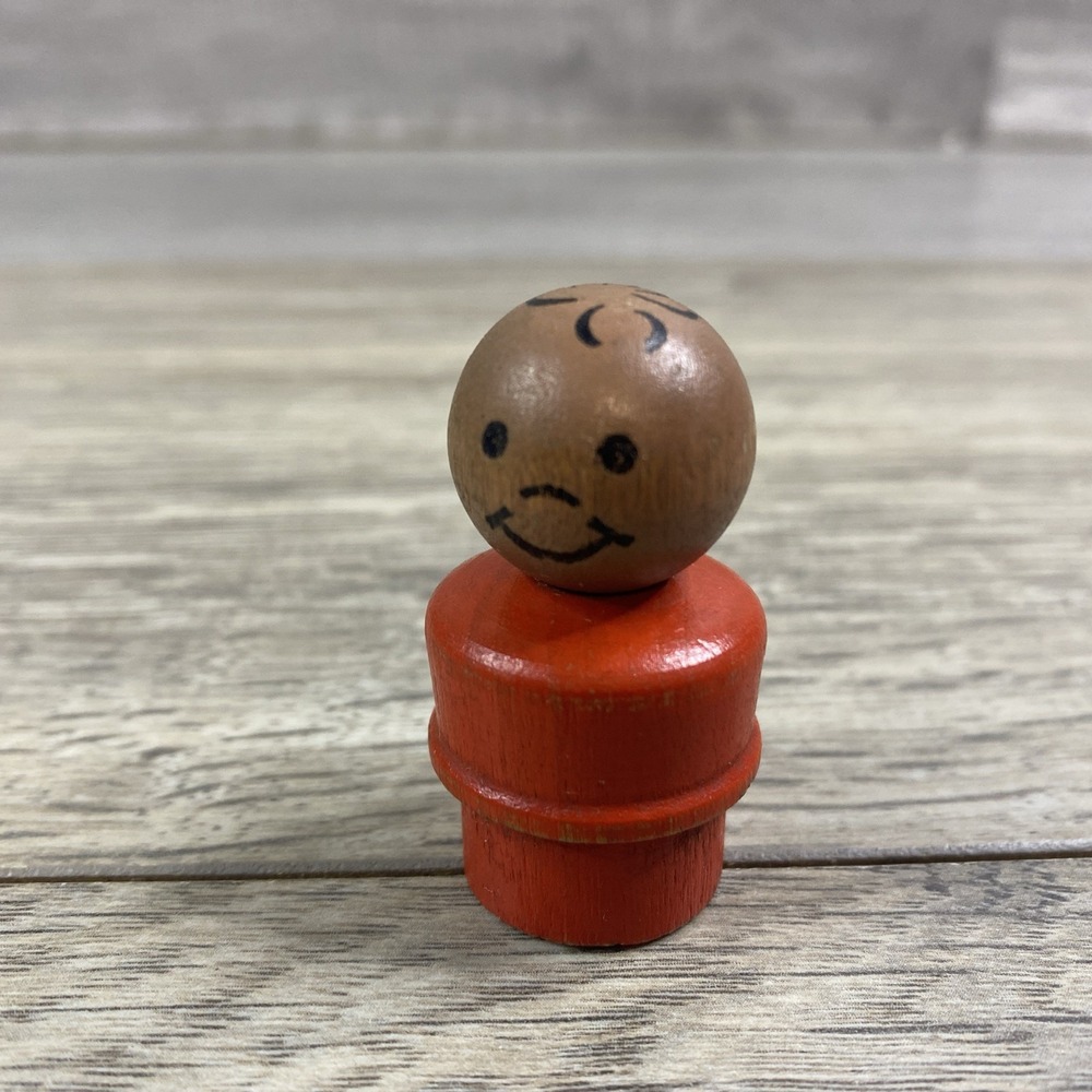 Vtg Fisher Price Wooden Little People African American Boy Red Body Wood